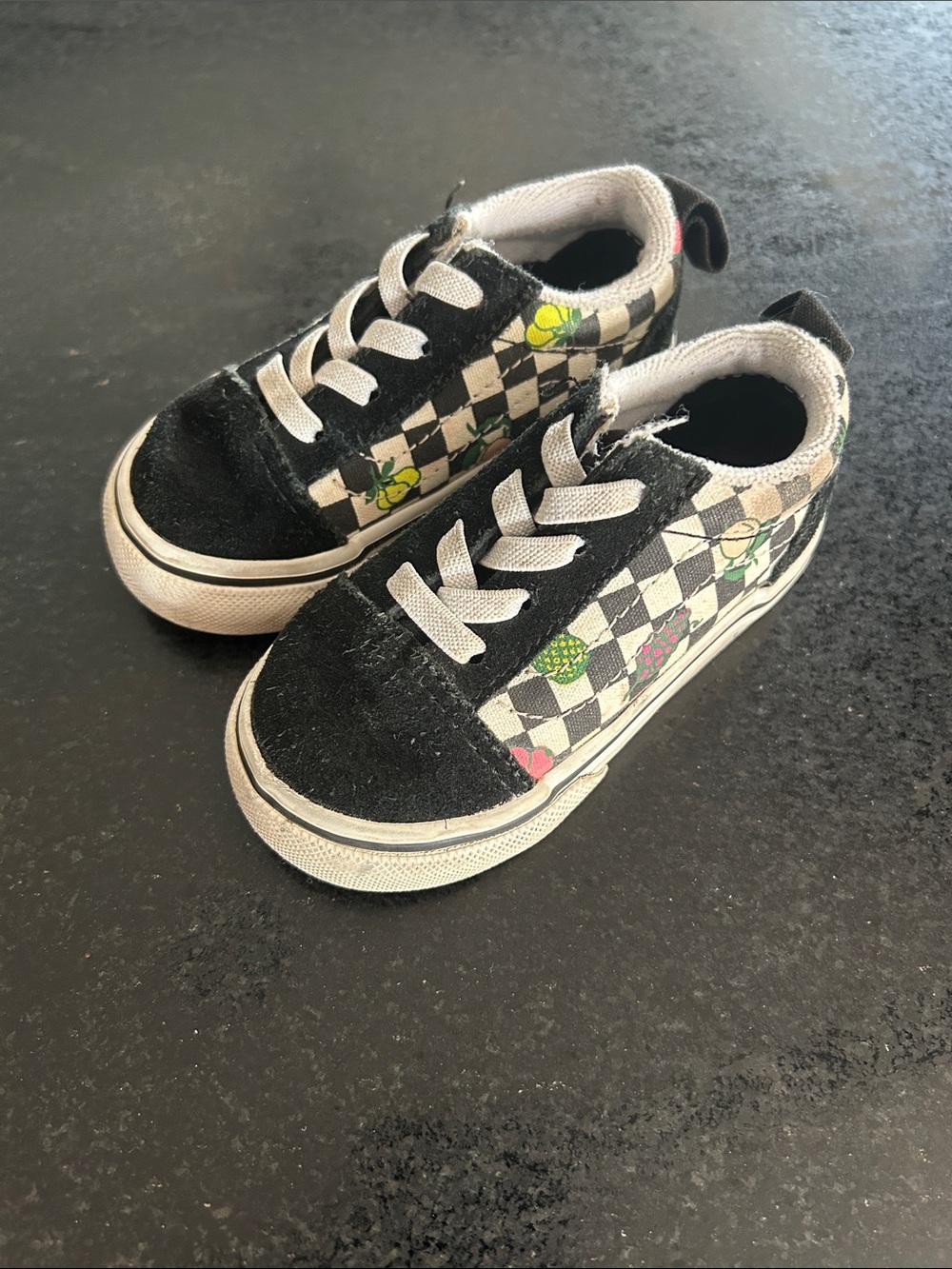 Vans Kids Black Checkered Sneakers with Multicolor Fruit Accents